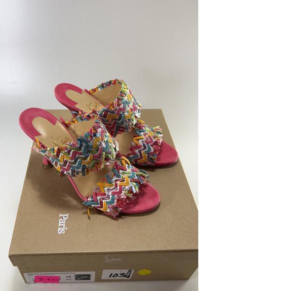 Meroine Pink Rainbow Woven 85mm raffia fringe heels mules D972 - Picture 2 of 11